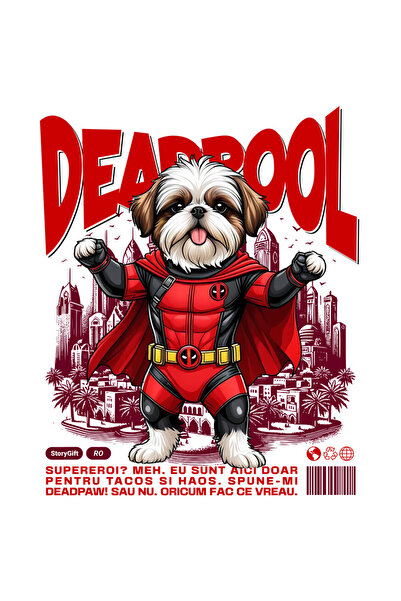 StoryGift Romania Sticker Autocolant 70CM cu Shih Tzu Caine In Costum de DeadPool cu Pelerina, Erou Nocturn, Des