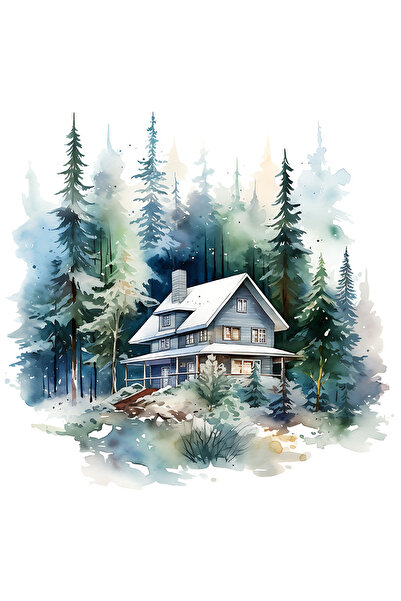 StoryGift Romania Sticker Adeziv 90CM cu o casa in mijlocul padurii, ilustratie, peisaj, brazi, natura, loc retr