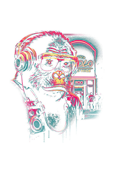 StoryGift Romania Sticker Eticheta 40CM Cu Gorila, Muzica, Retro, Casti, Neon, Ochelari, cu Margini Albe, PVC V