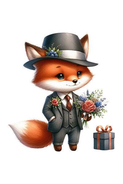 StoryGift Romania Sticker Autocolant 70CM cu un vulpoi la costum, ilustratie, cadou, buchet cu flori, palarie, d