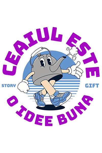 StoryGift Romania Sticker Autocolant 70CM cu Ceainic Vesel Mergand Text Ceaiu...