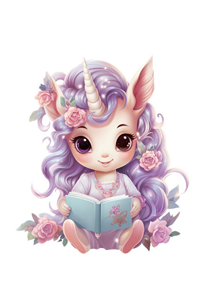 StoryGift Romania Sticker Autocolant 70CM cu un unicorn care tine o carte deschisa, ilustratie, par lung, mov, l