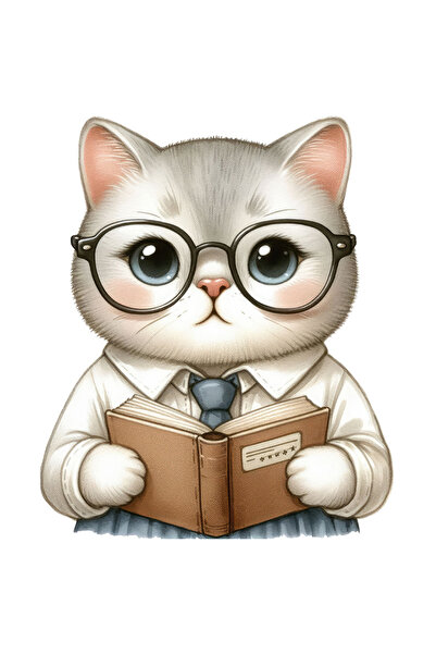 StoryGift Romania Sticker Autocolant 70CM cu un pisoi care tine o carte, ilustratie, ochelari, tocilar, lectura,