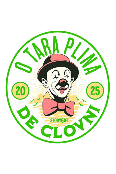 StoryGift Romania Sticker Autocolant 70CM cu Cerc Stil Moneda Clovn Cu papion Si Palarie Rosii Text O Tara Plina