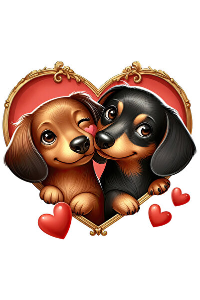 StoryGift Romania Sticker Autocolant 70CM cu o catelusa si un catel Dachshund, ilustratie, cadru in forma de ini