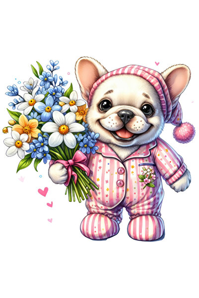 StoryGift Romania Sticker Autocolant 70CM cu un catelus vesel care tine un buchet cu flori, cadou, ilustratie, d