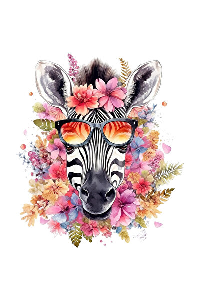 StoryGift Romania Sticker Eticheta 50CM cu o zebra cu ochelari de soare, ilustratie, floricele, abstract, natura