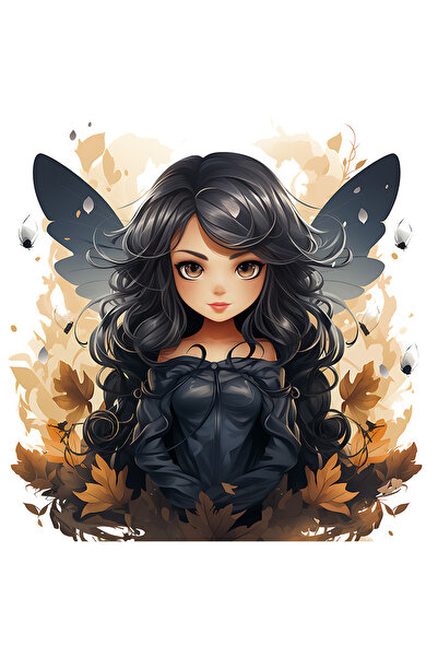 StoryGift Romania Sticker Cu O Fata Draguta, Ilustratie, Aripi Negre, Rochie Neagra, Frunze Care Cad, Toamna