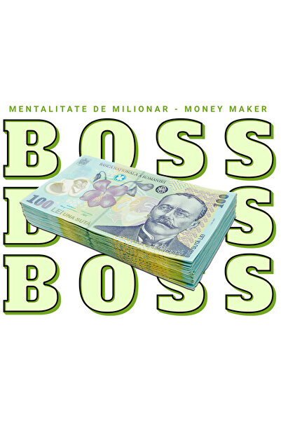 StoryGift Romania Sticker Eticheta 50CM cu Teanc Bancnote 100 lei, Text Masiv Boss, Mentalitate de Milionar, Rom