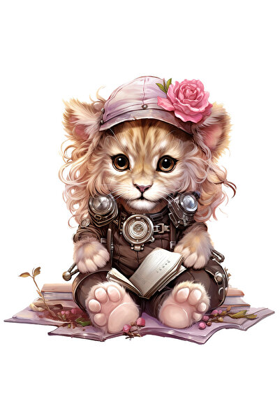 StoryGift Romania Sticker Adeziv 90CM cu un pui de leu care tine un caiet deschis, ilustratie, privire surprinsa