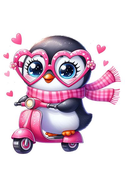 StoryGift Romania Sticker Adeziv 90CM cu un pinguin care conduce un scuter, plimbare, ilustratie, viteza, fular,