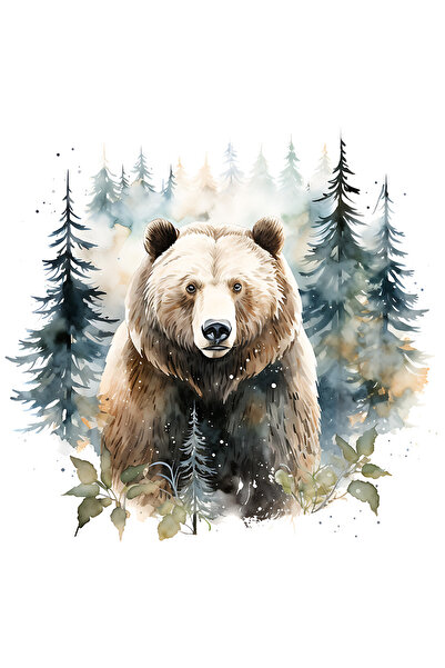 StoryGift Romania Sticker Autocolant 70CM cu un urs, ilustratie, in padure, brazi, natura, animal salbatic, puti