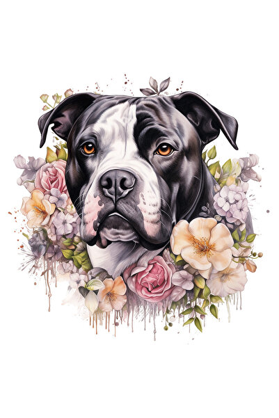 StoryGift Romania Sticker Eticheta 40CM cu un caine Boxer, ilustratie, inconjurat cu diferite floricele, natura,