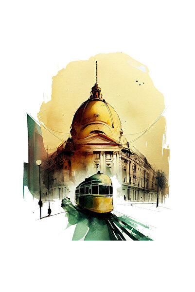 StoryGift Romania Sticker Autocolant 70CM Cu Pictura Abstracta, Strazile Din Bucuresti, Tramvai Vechi, Coltul Cl