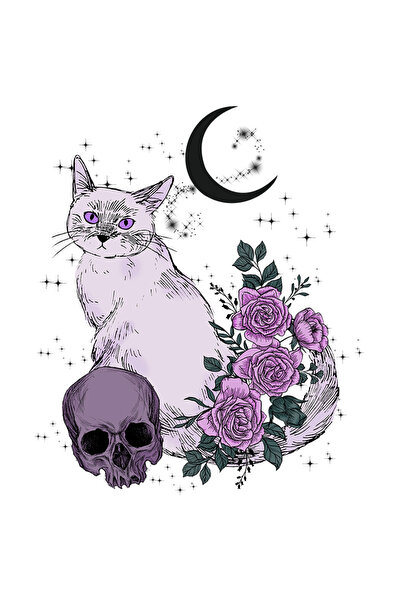 StoryGift Romania Sticker Adeziv 90CM cu pisica macabra, ilustratie, semiluna...