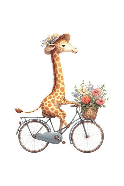 StoryGift Romania Sticker Autocolant 70CM cu o girafa care merge cu bicicleta, ilustratie, cosulet cu flori, cad