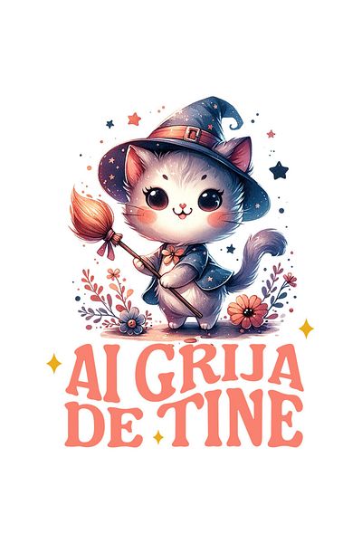 StoryGift Romania Sticker Eticheta 50CM cu Pisica Pufoasa Cu Matura De Vrajitoare Si Palarie Text Ai Grija De Ti