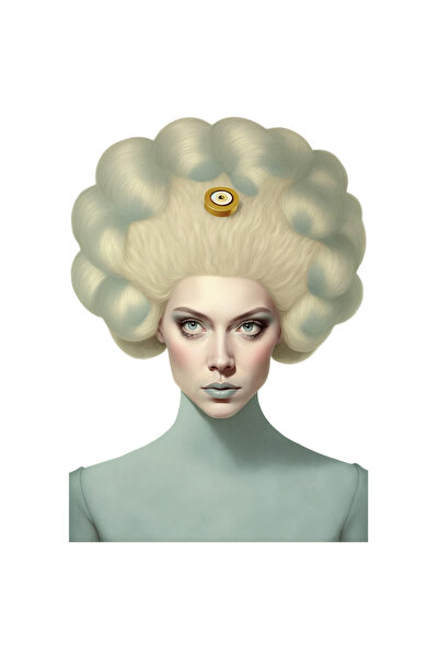 StoryGift Romania Sticker Cu Portret Femeie Cu Par Imens Inalt Blond, Tinuta Albastra CU Guler Inalt, Make Up Strid