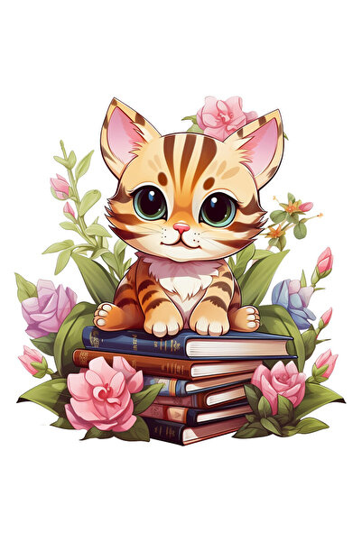 StoryGift Romania Sticker Eticheta 40CM cu o pisicuta care sta pe un teanc cu...