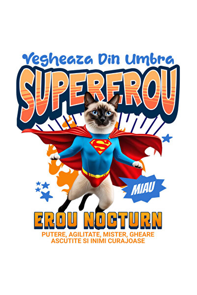 StoryGift Romania Sticker Cu Siameza / Siamese Pisica In Costum De Superman Cu Pelerina, Erou Nocturn, Desen