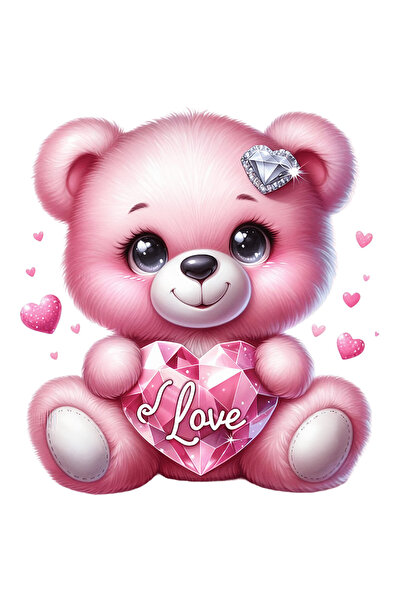 StoryGift Romania Sticker Eticheta 50CM cu o ursoaica de plus, roz, ilustratie, tine o inima din diamant cu mesa