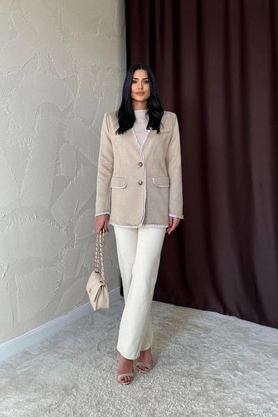 nedo7 Beige Striped Lined Garnished Suede Jacket
