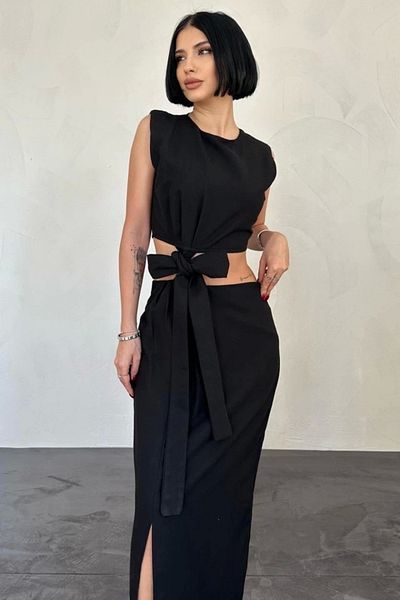 nedo7 Black Belted Crop and Skirt Set