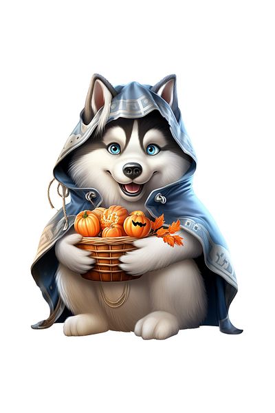 StoryGift Romania Sticker Adeziv 90CM cu un caine Husky care tine un cos cu dovleci, ilustratie, Halloween, feri