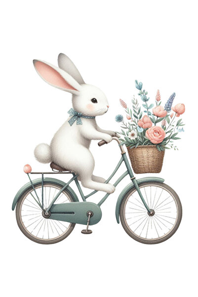 StoryGift Romania Sticker Eticheta 40CM cu un iepuras timid care merge cu bicicleta, plimbare, ilustratie, cosul