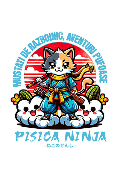 StoryGift Romania Sticker Autocolant 70CM cu Pisica Colorata Ninja Pe Nori Text Mustati De Razboinic Aventuri Pu