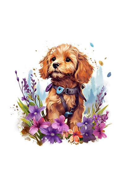 StoryGift Romania Sticker Autocolant 70CM cu un catel blanos in natura, ilustratie, afara, floricele, mov, plant