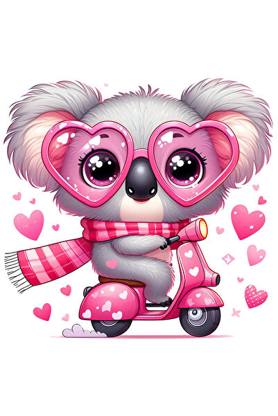 StoryGift Romania Sticker Eticheta 50CM cu un ursulet Koala care se plimba cu un scuter, inimioare, ochelari, ro