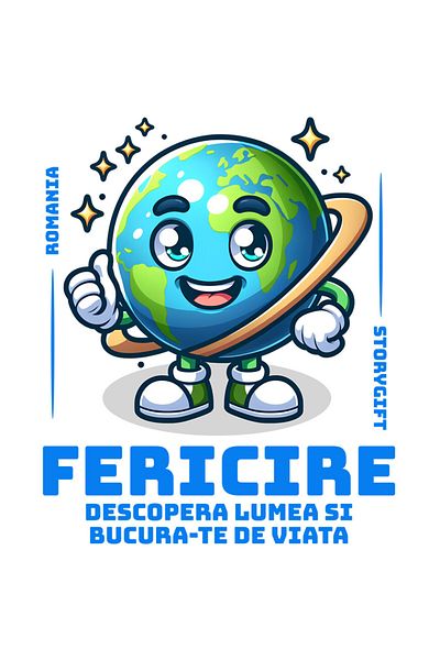 StoryGift Romania Sticker Eticheta 50CM cu Planeta Pamant Vesela text Fericire Descopera Lumea Si Bucura-te De v