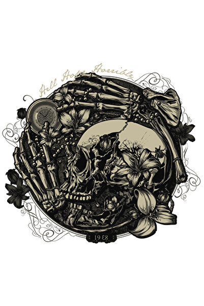 StoryGift Romania Sticker Eticheta 40CM Cu Craniu, Schelet, Flori, Crini, Ramura, Compas, cu Margini Albe, PVC