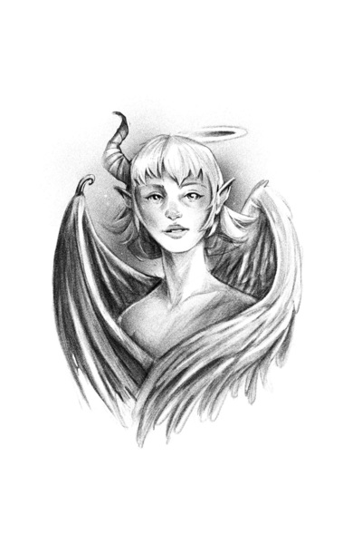 StoryGift Romania Sticker Eticheta 40CM Cu Inger, Demon, Aripi, Femeie, Dualitate, Corn, Alb Negru cu Margini A