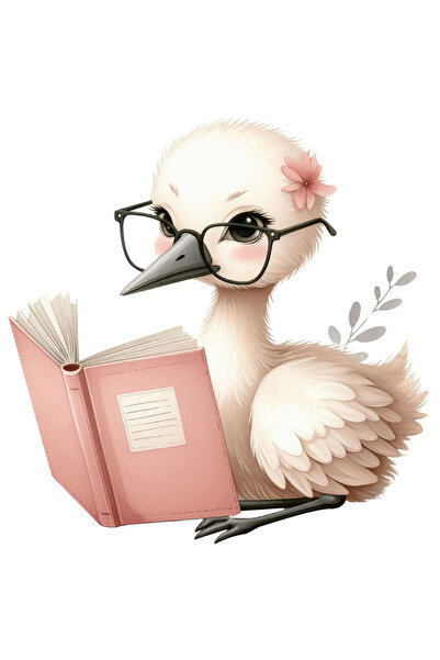 StoryGift Romania Sticker Eticheta 50CM cu o pasare cu ochelari care citeste, ilustratie, carte, tocilara, floar