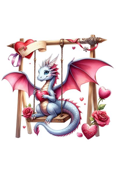 StoryGift Romania Sticker Adeziv 90CM cu un dragon care se da in leagan, ilustratie, inima, floricele, afectiune
