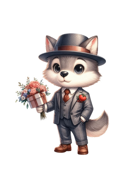 StoryGift Romania Sticker Eticheta 40CM cu un lup la costum, ilustratie, pala...