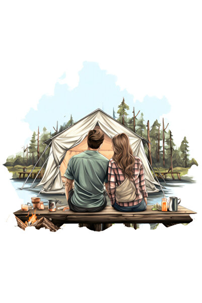 StoryGift Romania Sticker Eticheta 50CM cu o femeie si un barbat care stau pe o bancuta, ilustratie, la camping,