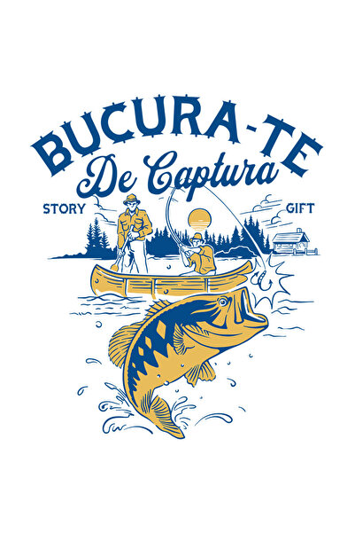 StoryGift Romania Sticker Autocolant 70CM cu Silueta barbati In Barca Pescuit Undita Peste Hobby Text Bucura-te