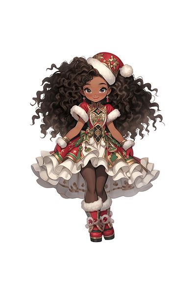 StoryGift Romania Sticker Eticheta 50CM cu o fetita afro dragalasa, ilustratie, caciula de Craciun, rochie rosie