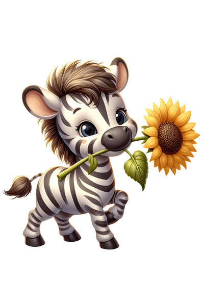 StoryGift Romania Sticker Eticheta 40CM cu o zebra care tine o floare, floarea-soarelui, ilustratie, animal salb