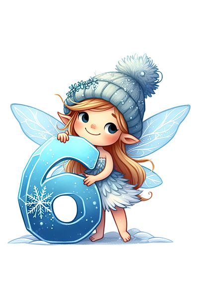 StoryGift Romania Sticker Eticheta 50CM cu o zana micuta care tine cifra "6", ilustratie, scoala, matematica, ca
