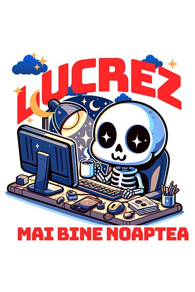 StoryGift Romania Sticker Cu Schelete Uman Cu Cana Cafea In Fata Calculator Text In Limba Romana Lucrez Mai