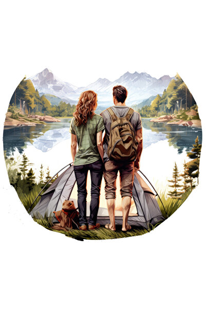 StoryGift Romania Sticker Adeziv 90CM cu o femeie si un barbat intr-o padure, lac in fata, cu cortul, camping, n