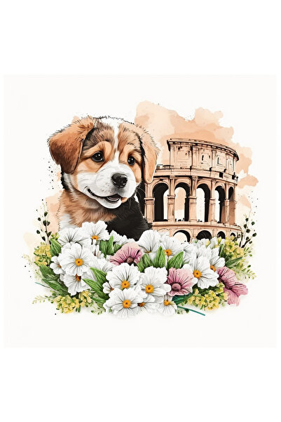 StoryGift Romania Sticker Eticheta 50CM cu un catel surprins, ilustratie, la Roma, Colosseum, arena, gladiatori,