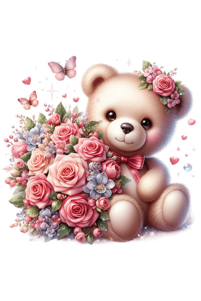 StoryGift Romania Sticker Autocolant 70CM cu un ursulet care tine un buchet cu trandafiri, fluturasi, inimioare,