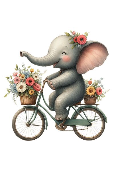 StoryGift Romania Sticker Label 50CM with a baby elephant riding a bike, walking, baskets with flowers