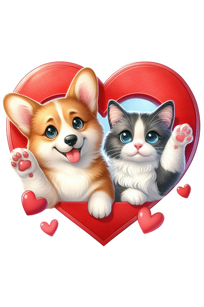 StoryGift Romania Sticker Adeziv 90CM cu o pisicuta si un catel, ilustratie, fac cu mana, rama in forma de inima