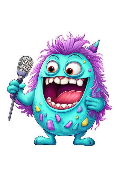 StoryGift Romania Sticker Eticheta 50CM cu o creatura ovala care tine un microfon, star rock, ilustratie, canta,